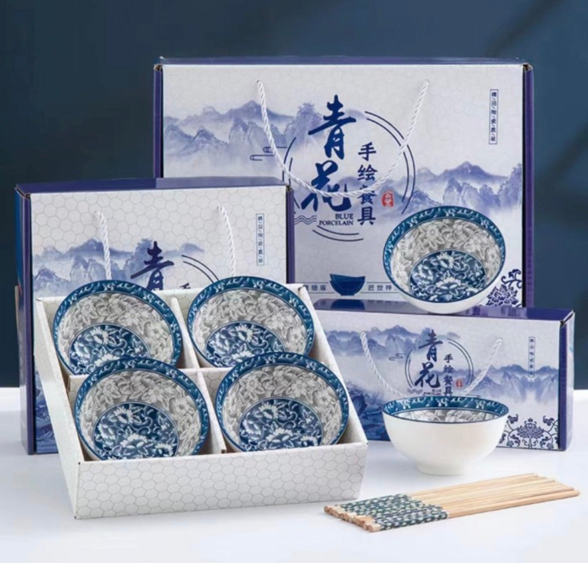 Set 6 Ciotole Porcellana Blu (dipinte a mano) + 6 paia di Bacchette
